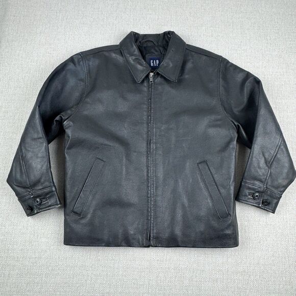 Vintage Gap Leather Bomber Jacket Youth Size Medium 7-8 Black Aviator Coat